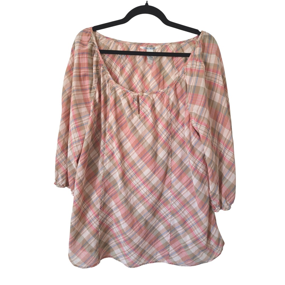 Lucky Brand XL Peasant Top Womens Pink Plaid Cotton 3/4 Sleeve Boho Scoop Neck